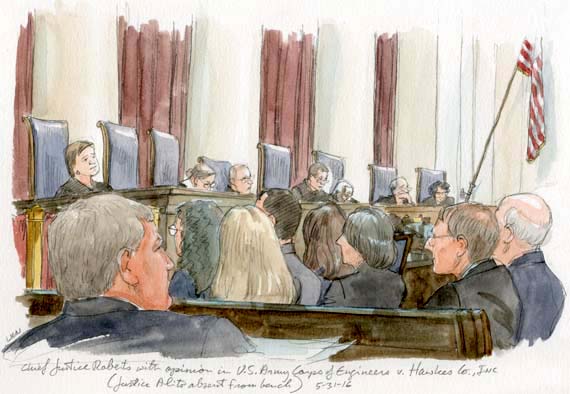 Chief Justice Roberts announces unanimous opinion in U.S. Army Corps of Engineers v. Hawkes (Justice Alito absent from bench)
