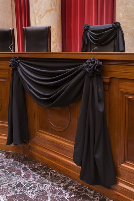 Supreme Court Associate Justice Antonin Scalia’s Bench Chair and the Bench in front of his seat draped in black following his death on February 13, 2016.