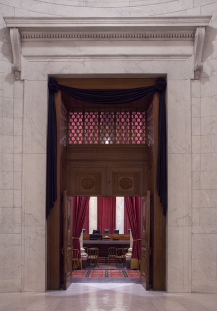 The Courtroom doors draped in black following the death of Supreme Court Associate Justice Antonin Scalia on February 13, 2016.