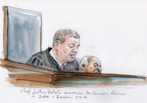 Chief Justice Roberts announces the Court's per curiam decision in Zubik v. Burwell