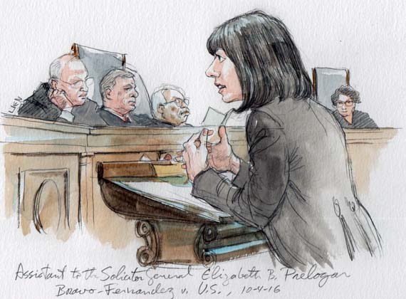 sketch of dark-haired woman at lectern with four justices in background