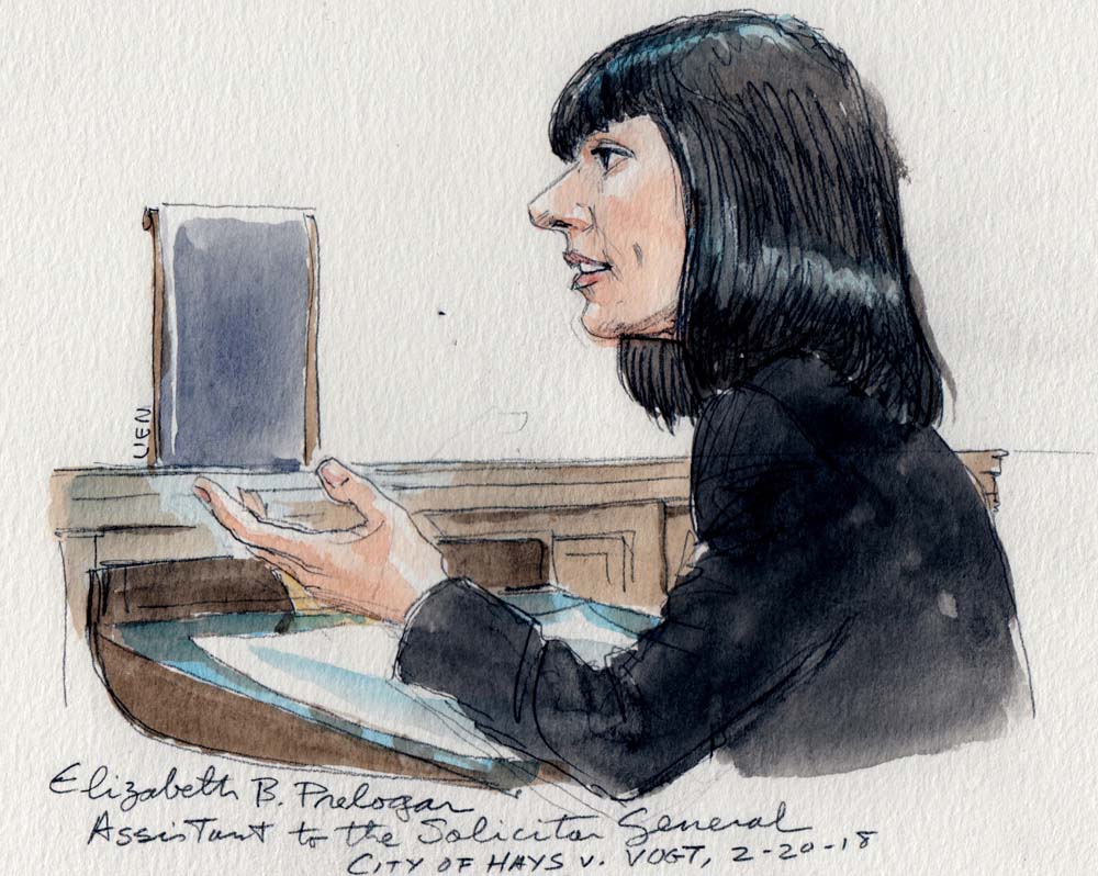 sketch of woman at lectern with outstretched left hand