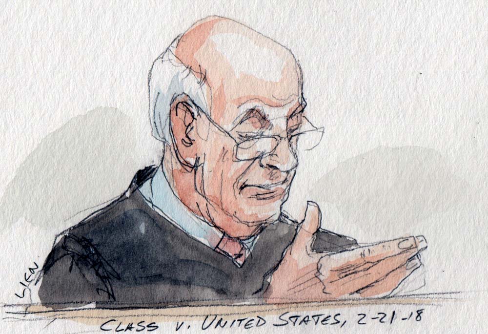 sketch of stephen breyer looking down and gesturing with right hand