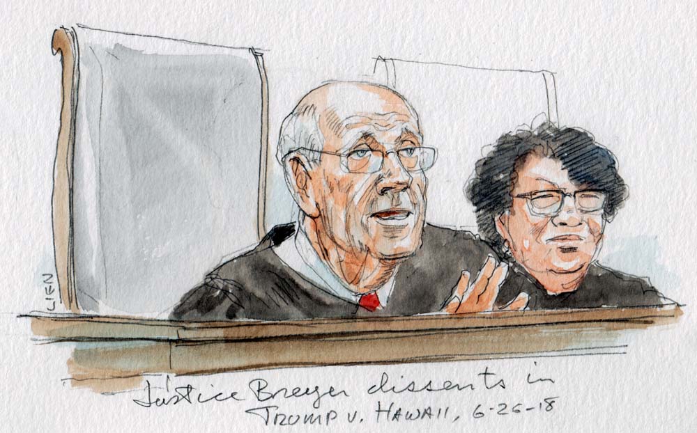 sketch of stephen breyer leaning forward and gesturing from bench with sonia sotomayor looking on