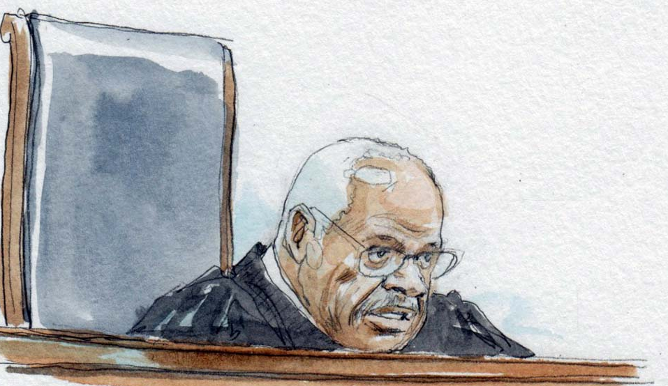 sketch of clarence thomas sitting behind bench and tilting head forward