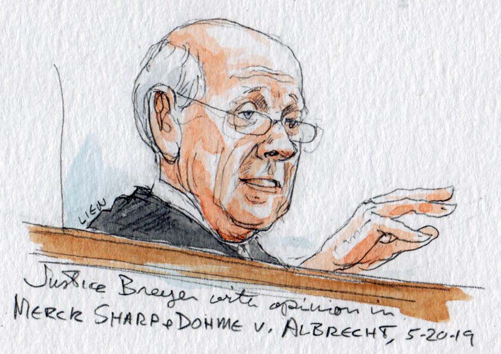 sketch of stephen breyer speaking from the bench with outstretched hand