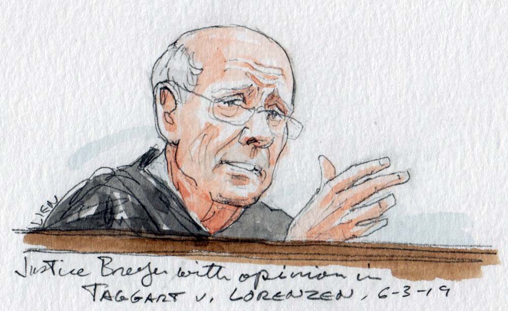 sketch of stephen breyer sitting on bench and gesturing with hand