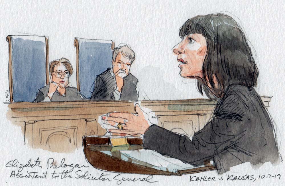 artist's sketch of woman in dark suit speaking at lectern with two justices listening in background