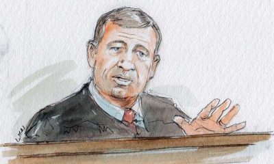 sketch of john roberts sitting behind bench with palm extended