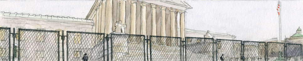 sketch of front of supreme court building surrounded by tall metal fence