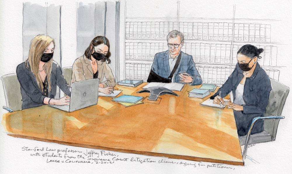 sketch of man and three women at conference table with speaker phone