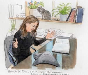 woman speaking and gesturing while looking down at speaker phone. a cat sits on a shelf behind her.