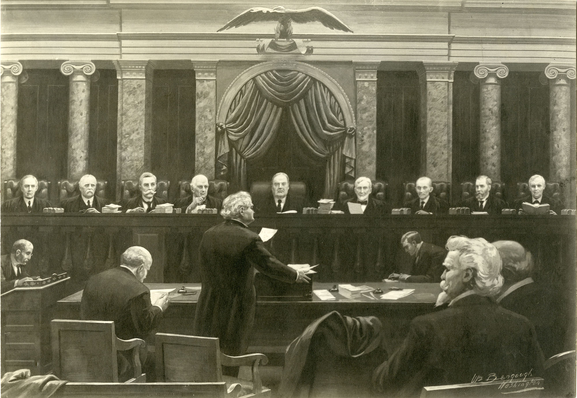 artist's sketch of lawyer in foreground standing and speaking with nine justices listening in background