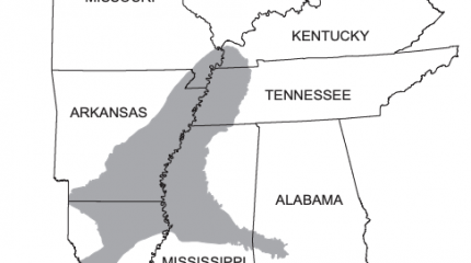 map showing aquifer spanning parts of Tennessee, Mississippi, Louisiana and Arkansas