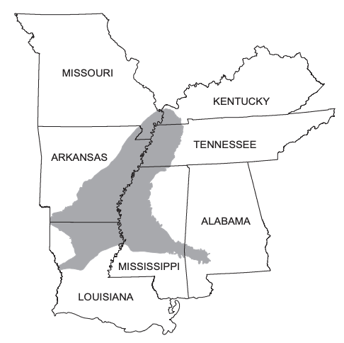 map showing aquifer spanning parts of Tennessee, Mississippi, Louisiana and Arkansas