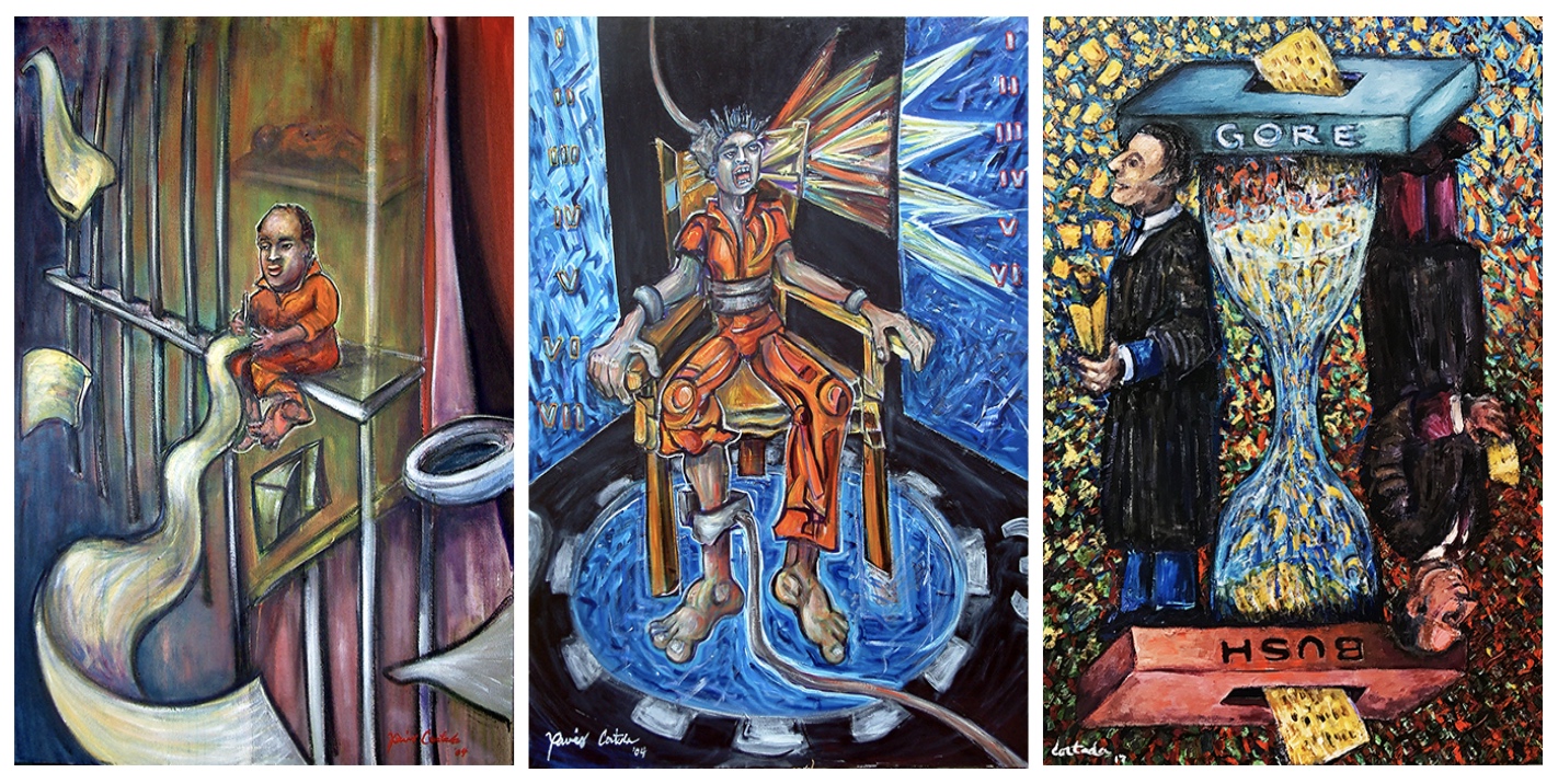 three paintings showing man in prison, man on electric chair, and large hour glass flanked by two men in robes