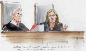 sketch of barrett gesturing with left hand while gorsuch looks on
