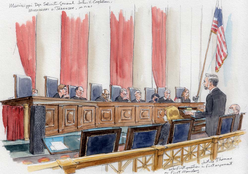 sketch of man at lectern speaking to eight justices sitting behind bench