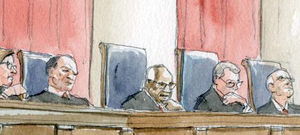 sketch of all nine justices sitting behind bench with sotomayor wearing mask
