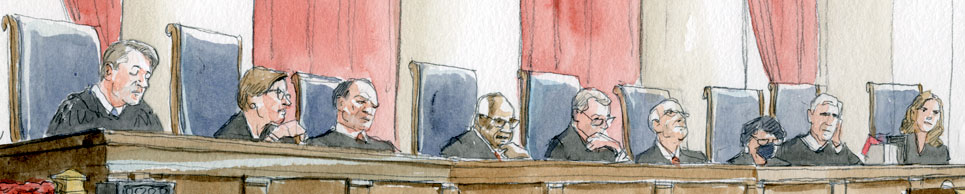 sketch of all nine justices sitting behind bench with sotomayor wearing mask