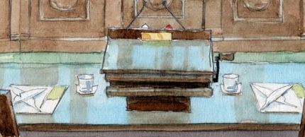 sketch of empty lectern and counsel's table where attorneys argue at supreme court