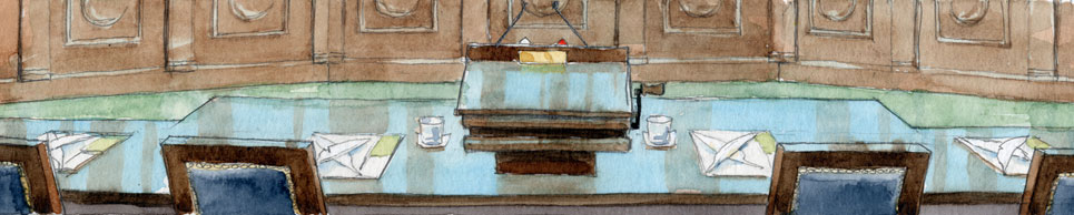 sketch of empty lectern and counsel's table where attorneys argue at supreme court