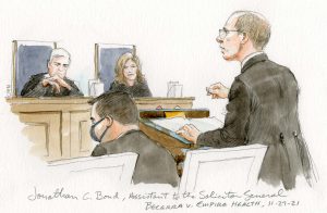 sketch of man at lectern with justices gorsuch and barrett in background