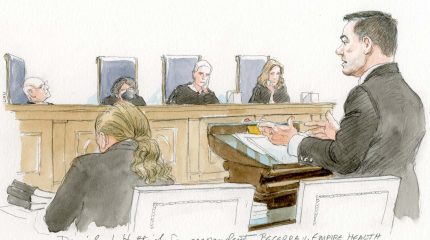 sketch of man standing at lectern with four justices listening in background