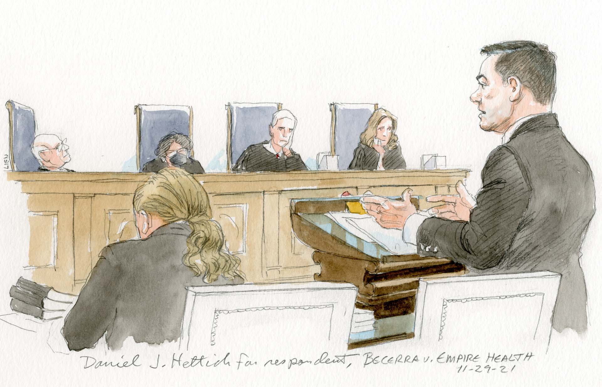 sketch of man standing at lectern with four justices listening in background