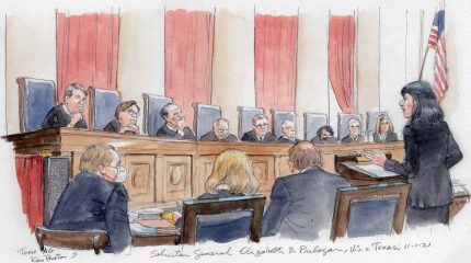 sketch of elizabeth prelogar arguing at lectern with full bench of justices in background and three other lawyers seated in foreground