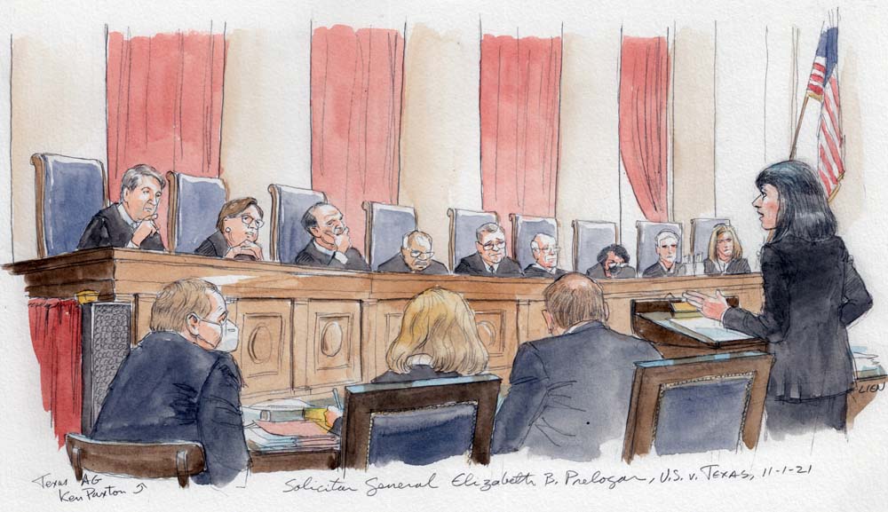 sketch of elizabeth prelogar arguing at lectern with full bench of justices in background and three other lawyers seated in foreground