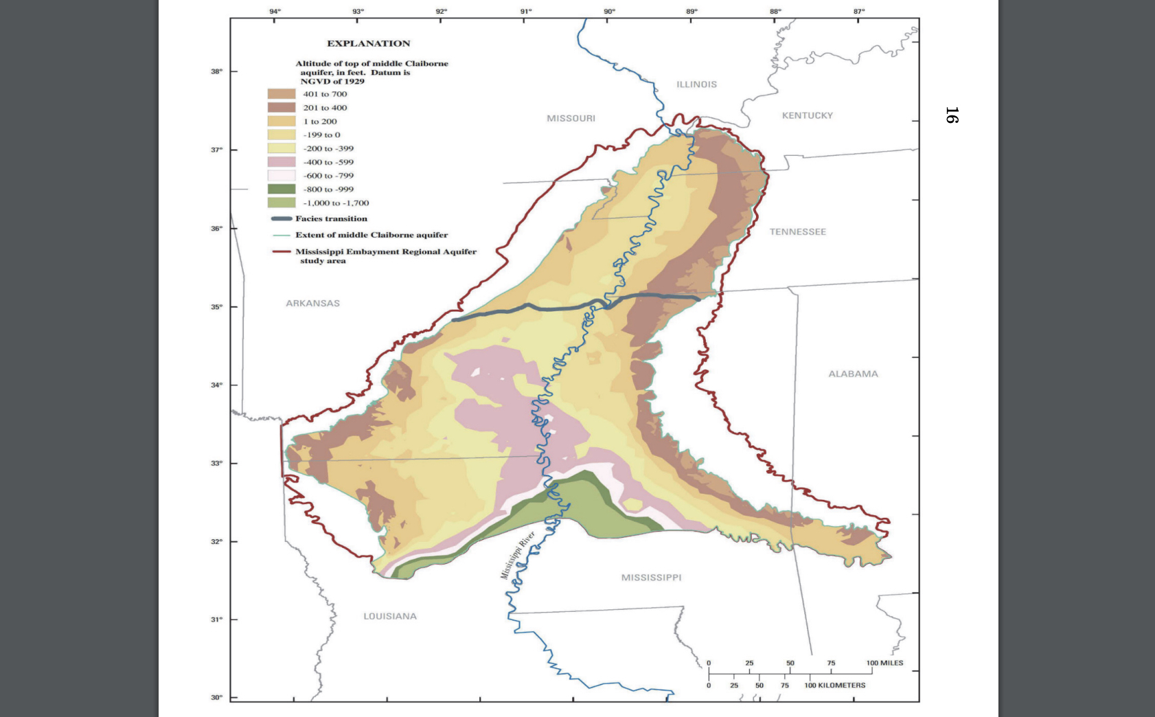 map showing boundaries of aquifer spanning eight states including mississippi and tennessee