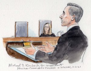 justice barrett looks contemplatively at man arguing at the lectern