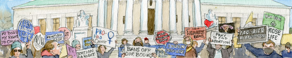 sketch showing supporters and opponents of abortion rights protesting in front of supreme court