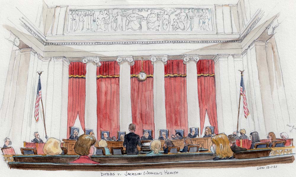 The interior of the Supreme Court chamber with journalists in the foreground, lawyers, and the justices in the background at the bench