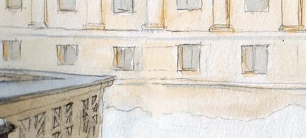 watercolor sketch of snowy scene outside supreme court with police officer wearing heavy coat