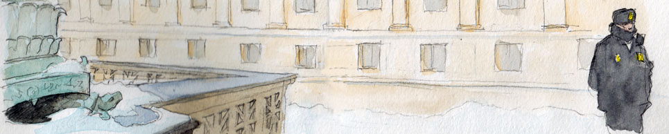 watercolor sketch of snowy scene outside supreme court with police officer wearing heavy coat