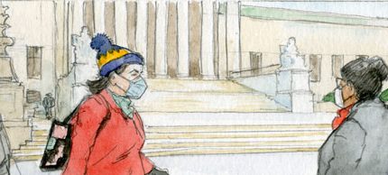 sketch of five people in winter clothing and masks walking past front of supreme court with snow on ground