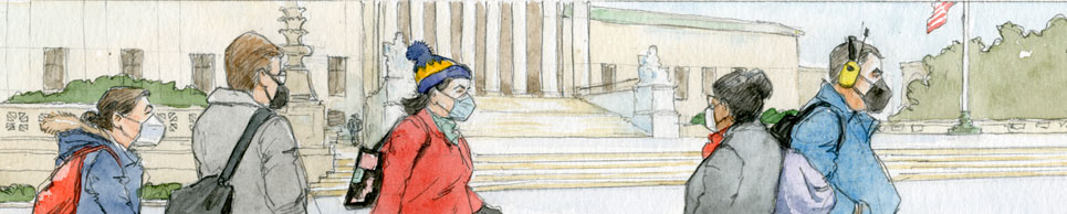 sketch of five people in winter clothing and masks walking past front of supreme court with snow on ground