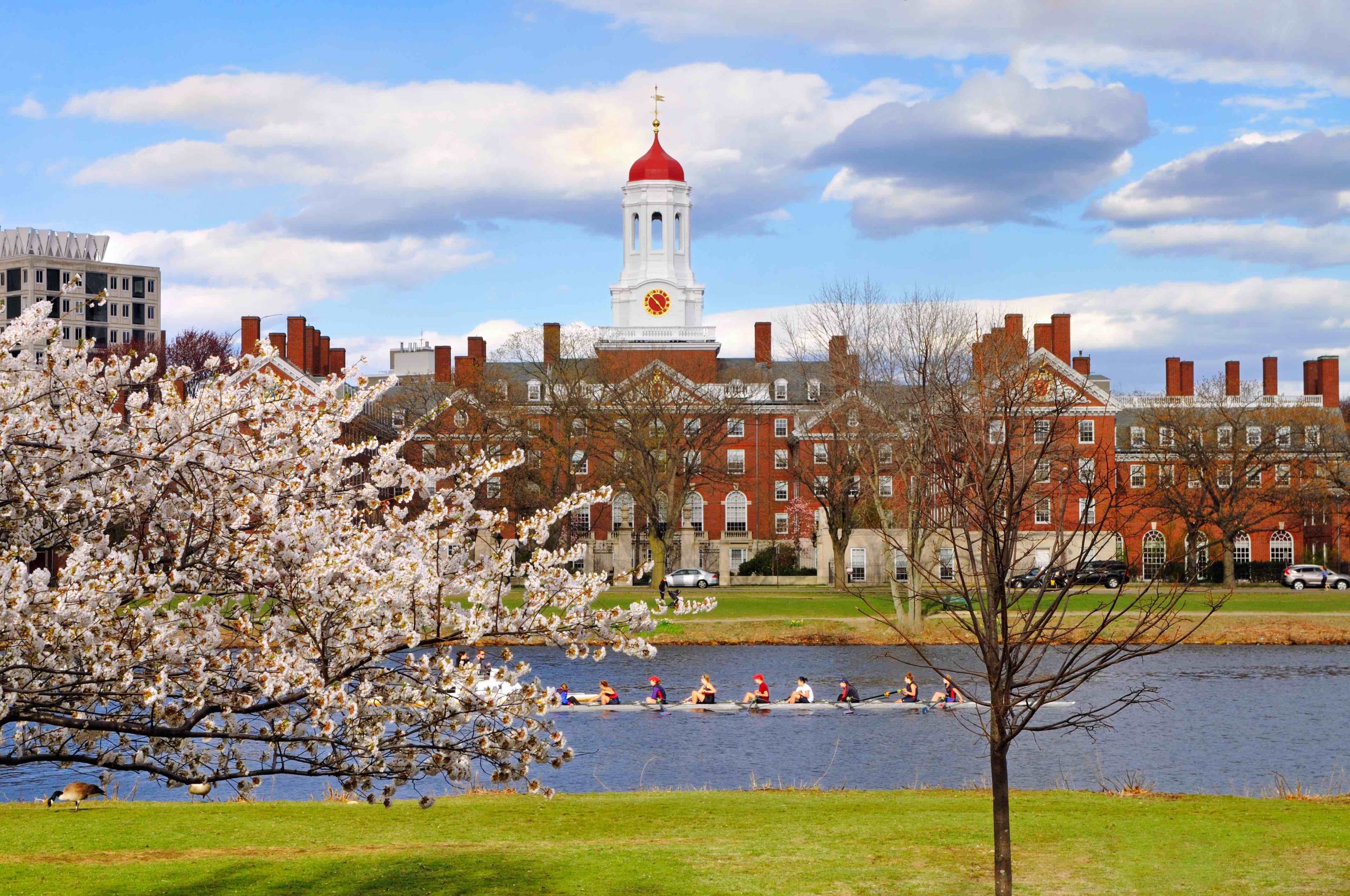 picturesque scene of large brick building and white tower, with crew team rowing on river