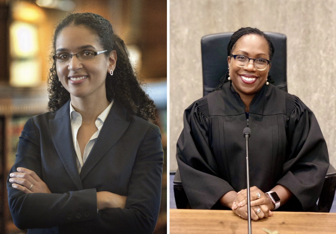 one photo of woman in suit standing with arms crossed, one photo of woman in black robe sitting in front of microphone