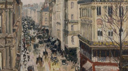 impressionist oil painting showing busy street flanked by large french buildings on rainy day