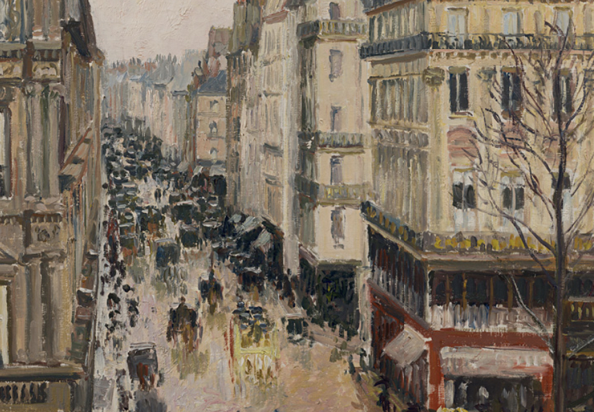 impressionist oil painting showing busy street flanked by large french buildings on rainy day