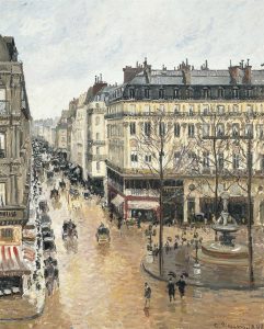 Impressionist oil painting showing busy street flanked by large French buildings on a rainy day