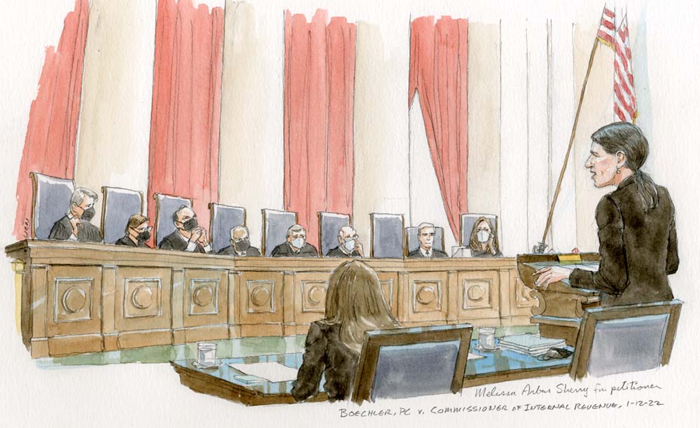 Woman in dark suit argues in front of the bench absent Sotomayor. All justices but Gorsuch sport masks.