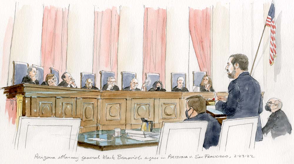 sketch of man with beard arguing at lectern before nine justices on bench