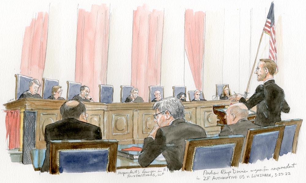 Man argues before eight justices on the bench and Justice Thomas' empty chair.