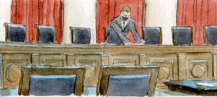 sketch of two clerks in masks organizing papers on the justices' empty bench in supreme court courtroom