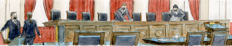 sketch of two clerks in masks organizing papers on the justices' empty bench in supreme court courtroom