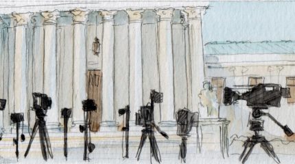 sketch of numerous cameras lined up outside the supreme court